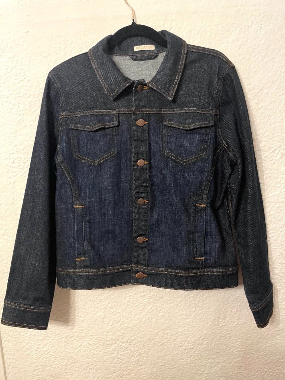 Eileen Fisher Dark Wash Denim Trucker Style Jacket, Sz L Petite, Retro Classic